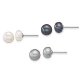 Sterling Silver Rhodium-plated 7-8mm Button White/Grey/Black Freshwater Cultured Pearl 3-Pair Boxed Post Earring Set